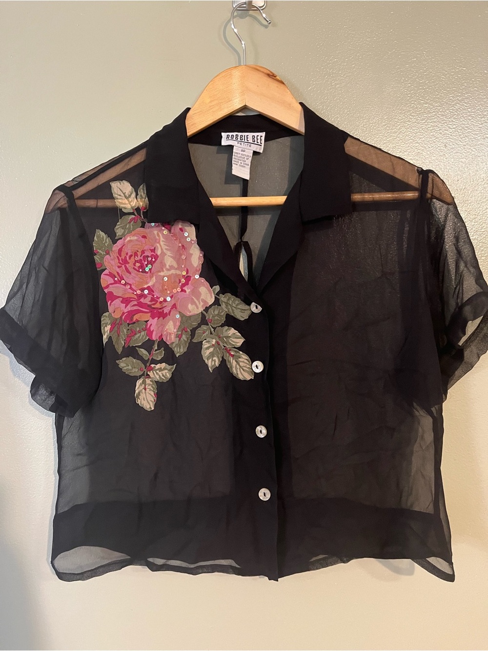 Robbie Bee Black Sheer Button-Up Top with Pink Floral Applique 100% Silk Crop 8P